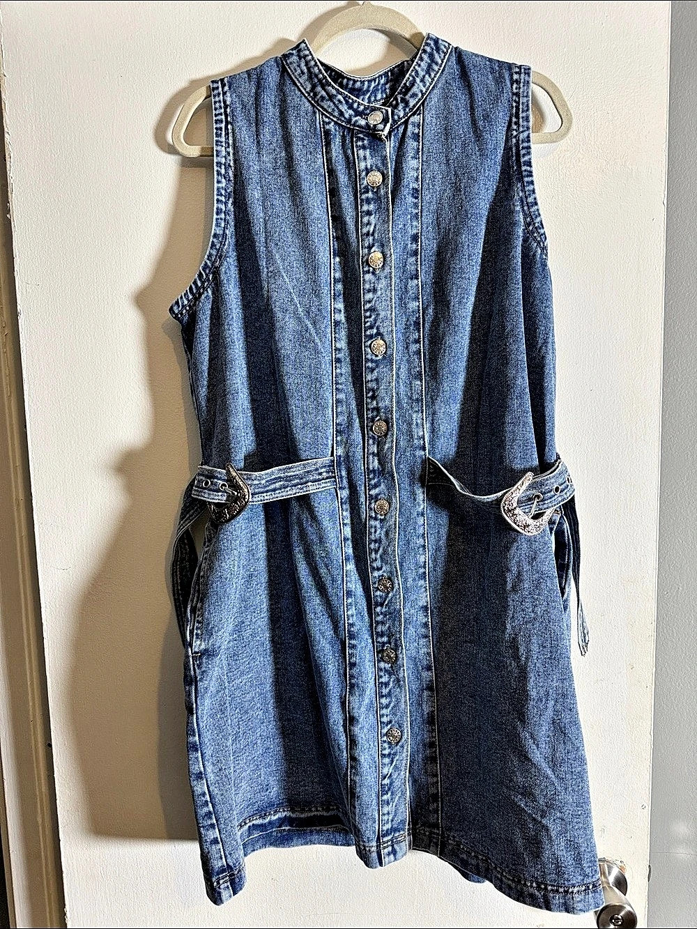 Dani Morgan Denim Buckle Tiered Mini Dress in Blue